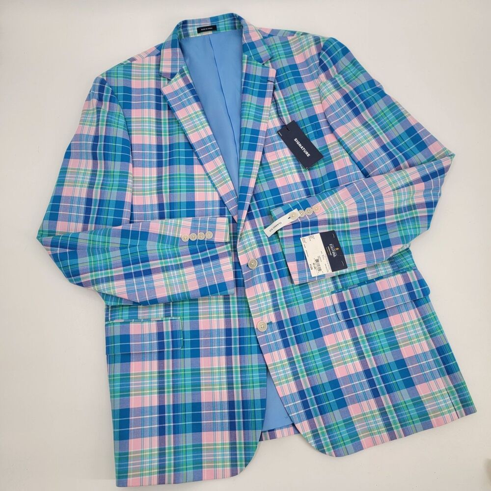 Stafford Signature Sport Coat 46L Madras Plaid Cotton Blazer NWT Blue Pink